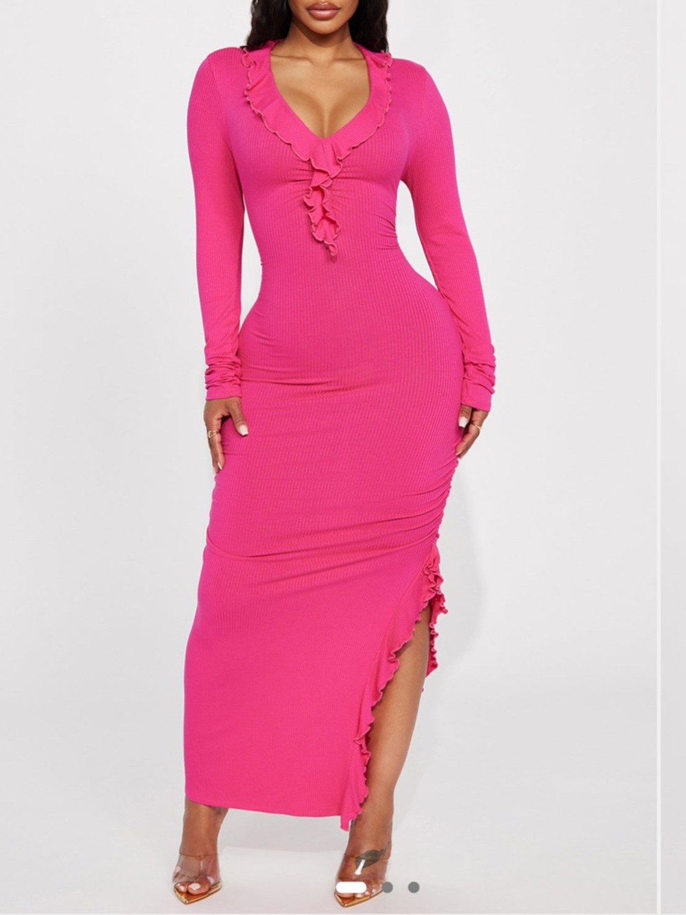 Fashion Nova Hot Pink Ruffle-Trim Ribbed Midi Dress